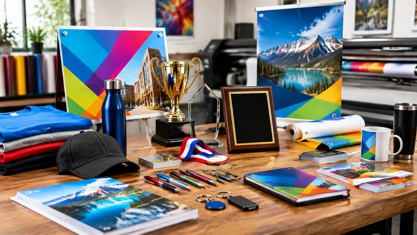 Colorful printed materials, apparel, and recognition pieces arranged for a project