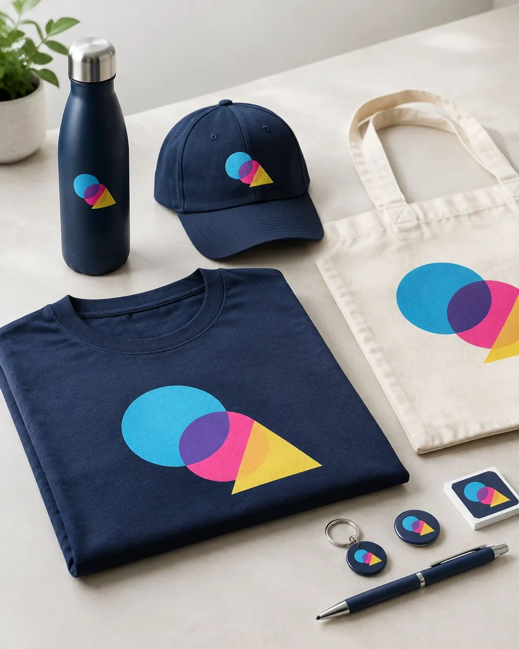 Example branded apparel, cap, tote bag, bottle, and promotional products