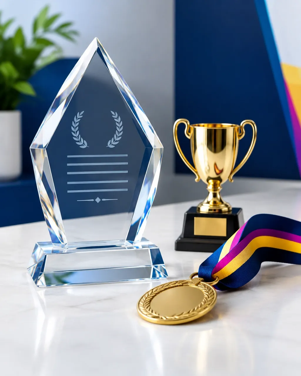 Example crystal award, trophy, medal, and recognition plaque