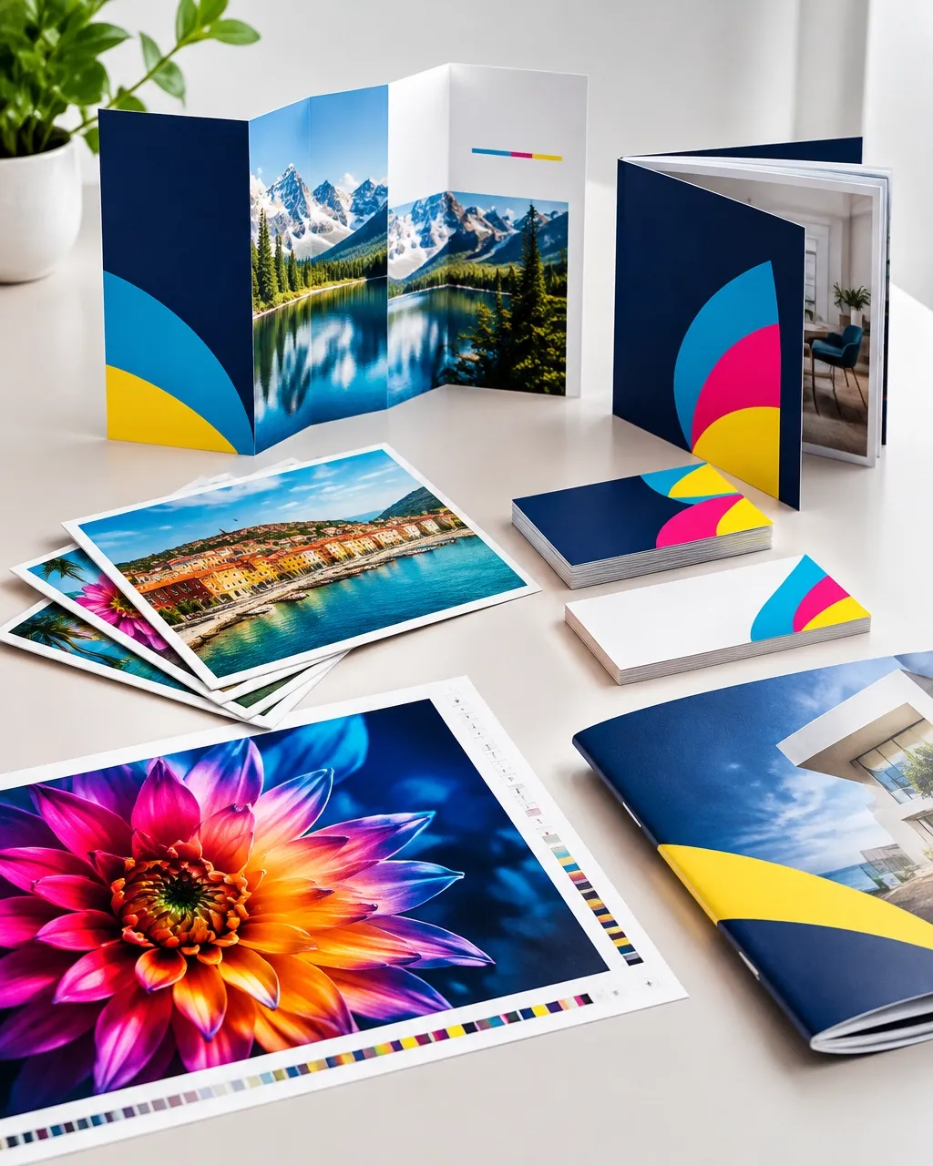 Example printed brochures, business cards, and colorful print samples