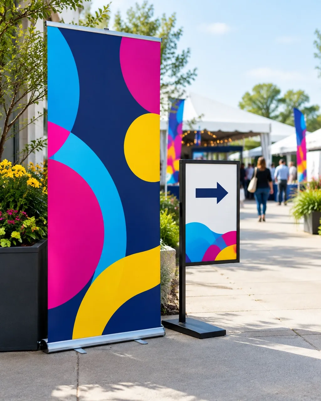 Example custom printed event banner and directional sign